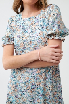womens blue tiered skirt cuffed sleeve dress